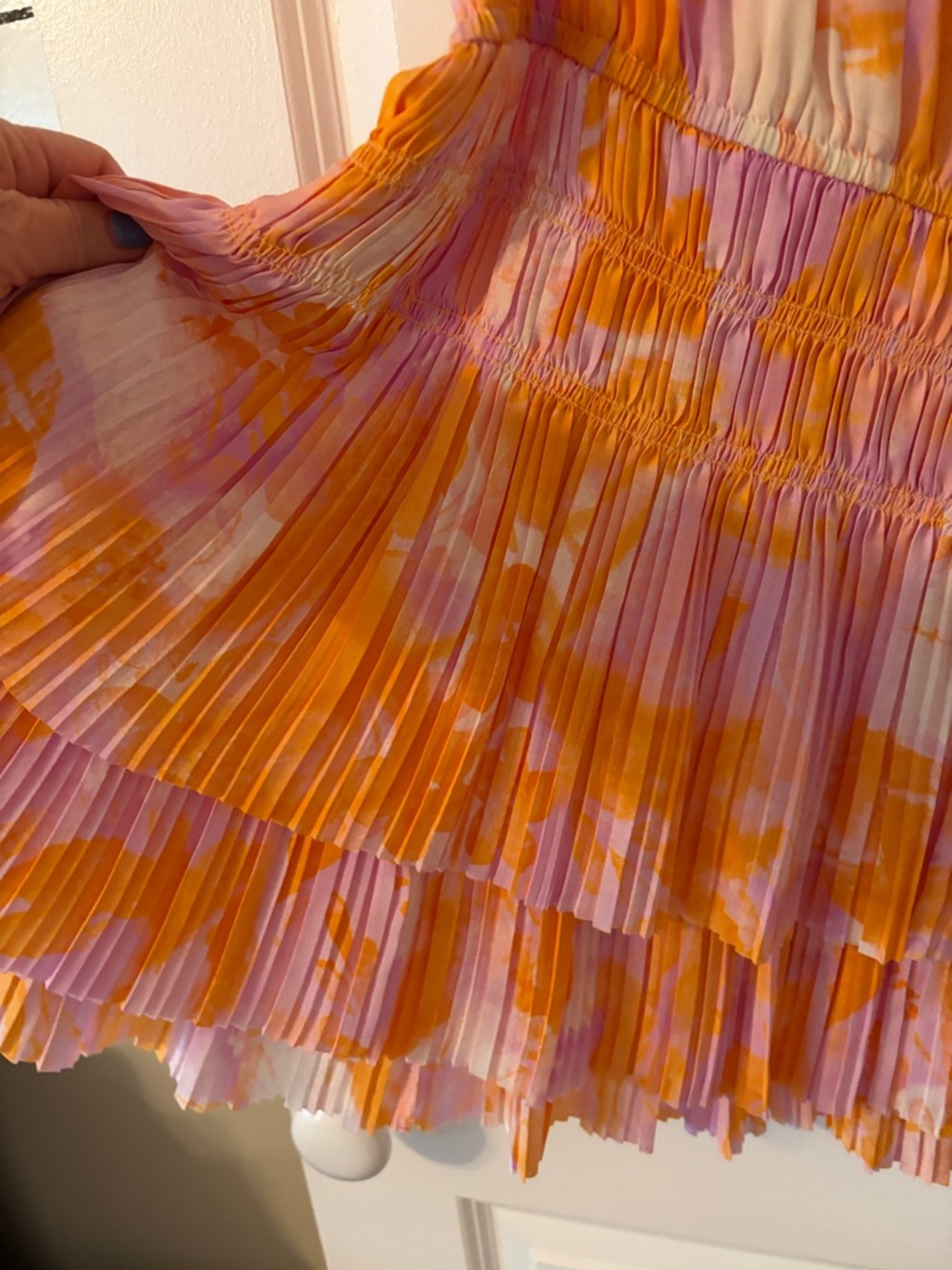 Anthropologie Pink & Orange Ruffled V-Neck Tiered Dress - Picture 4 of 9